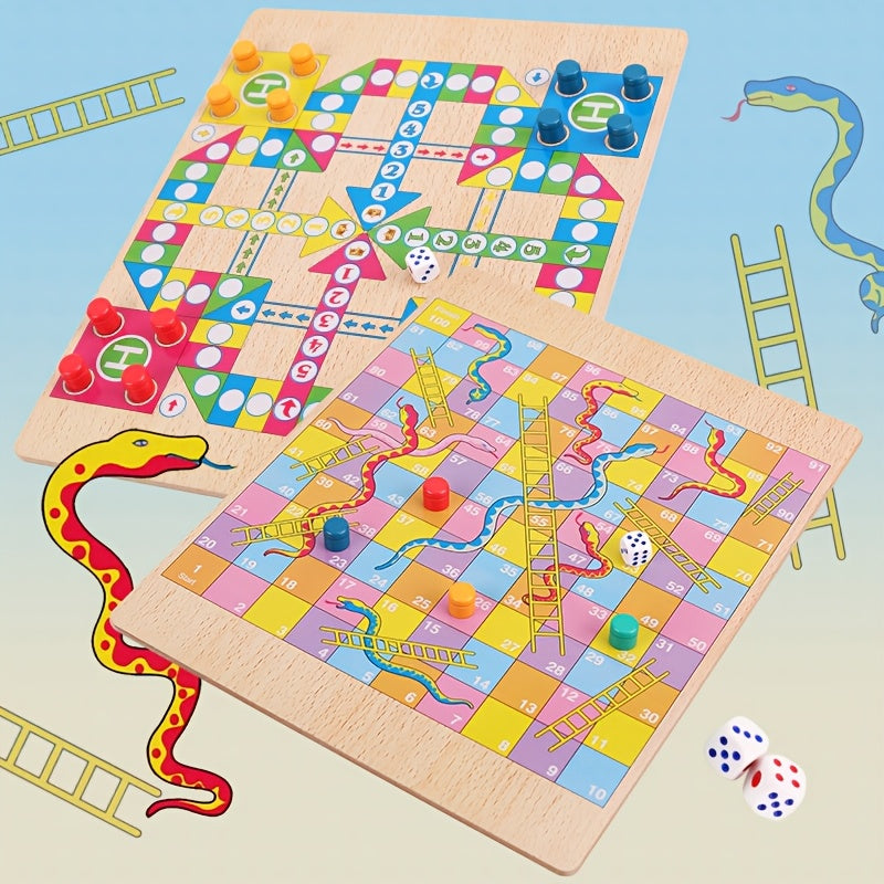 1pc Wooden Dual-Sided Snake and Flying Chess Game, Classic Indoor Tabletop Board Game, Educational Puzzle Toy Gift, Standard Edition