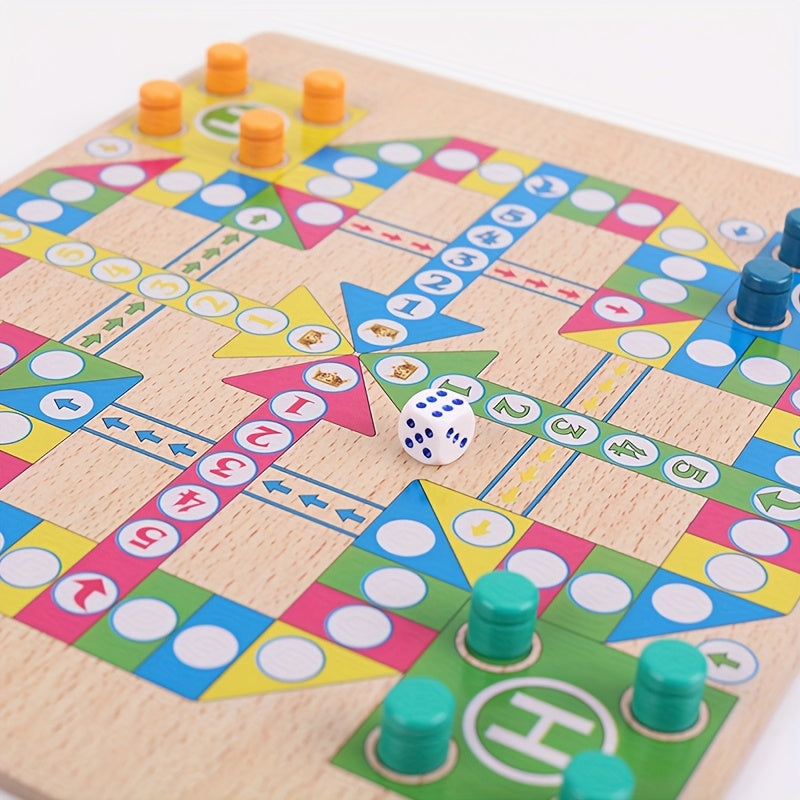 1pc Wooden Dual-Sided Snake and Flying Chess Game, Classic Indoor Tabletop Board Game, Educational Puzzle Toy Gift, Standard Edition