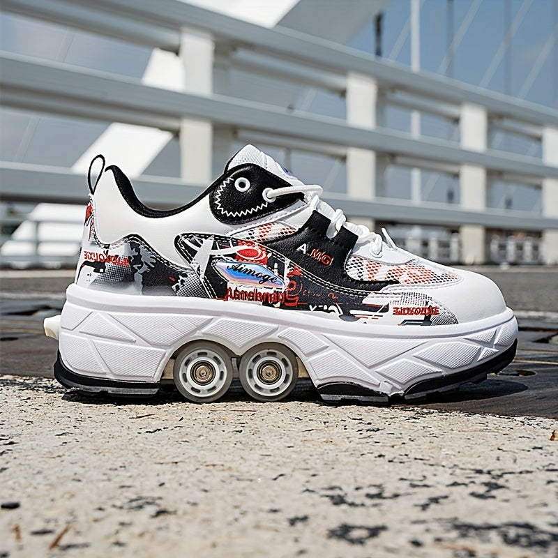 Stylish High-Top Skate Shoes for Boys with 4 Removable Wheels, Comfortable And Slip-Resistant Lace-Up Sneakers.
