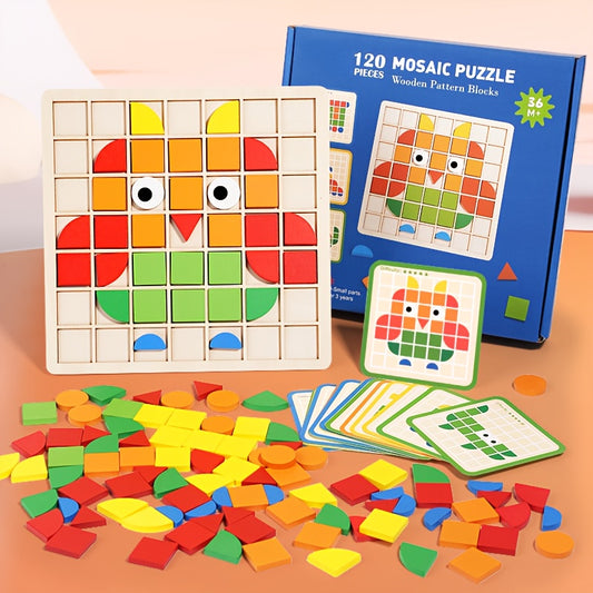 120pcs wooden mosaic puzzle set, wooden toys, 3D mosaic puzzle tabletop games in multiple colors and shapes, building blocks, perfect for birthdays, Christmas, Halloween and New Year gifts