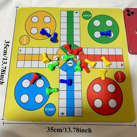 13.78*13.78inch Rubber Flying Chess Set, 16pcs Chess Pieces + 1pc Dice + 1pc Board, Portable, Travel, Flight, with Mouse Pad, for Family, Friends Gathering, Sport Fun Activity