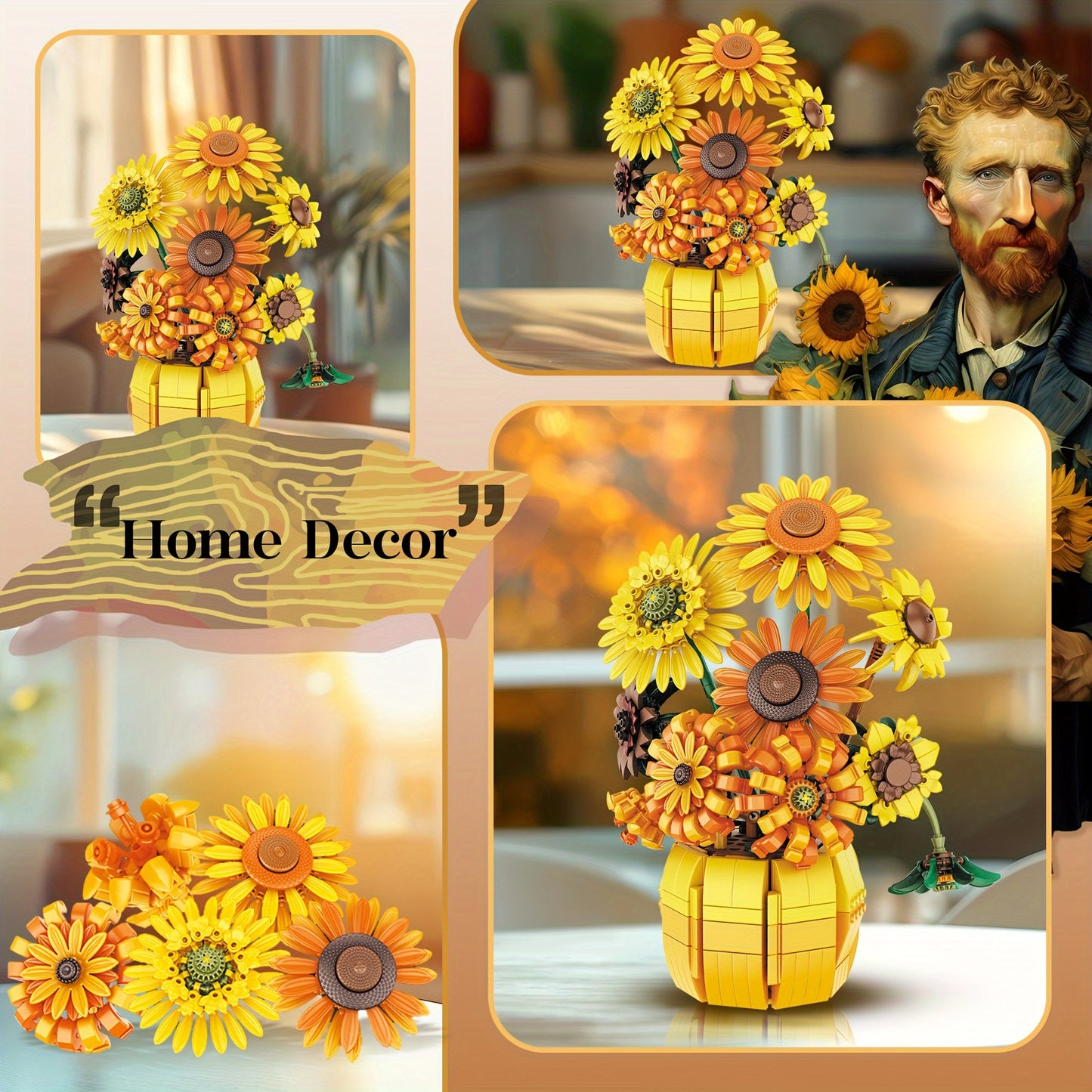 1009pcs Sunflower Bouquet Construction Kit with Vase - Botanical Collection Building Set for Adults - Mixed Color ABS Plastic Blocks, Age 14+