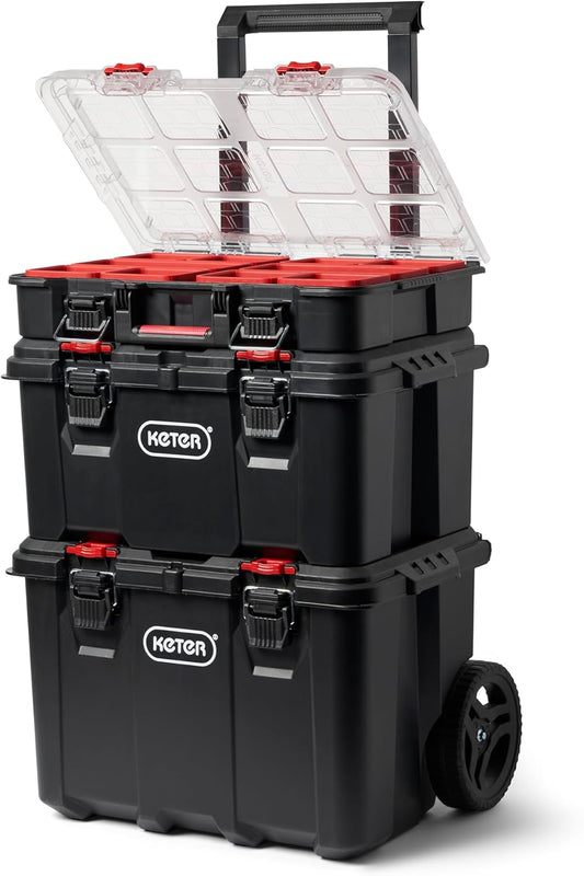 Keter Stack-n-Roll Modular Tools Organizer for Garage Storage and DIY, 4 Piece Resin Rolling Tool Box System for Small Parts, Black