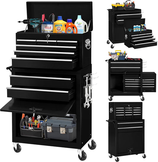 INTERGREAT 8 Drawer Rolling Tool Chest, Assembled Tool Chest with Wheels, 2-in-1 Detachable Steel Toolchest Organizer Combo, Tool Cabinet for Garage, Workstation (Blue)