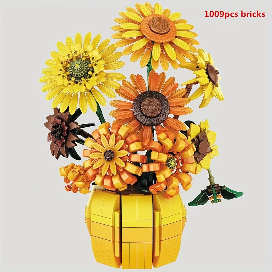 1009pcs Sunflower Bouquet Construction Kit with Vase - Botanical Collection Building Set for Adults - Mixed Color ABS Plastic Blocks, Age 14+