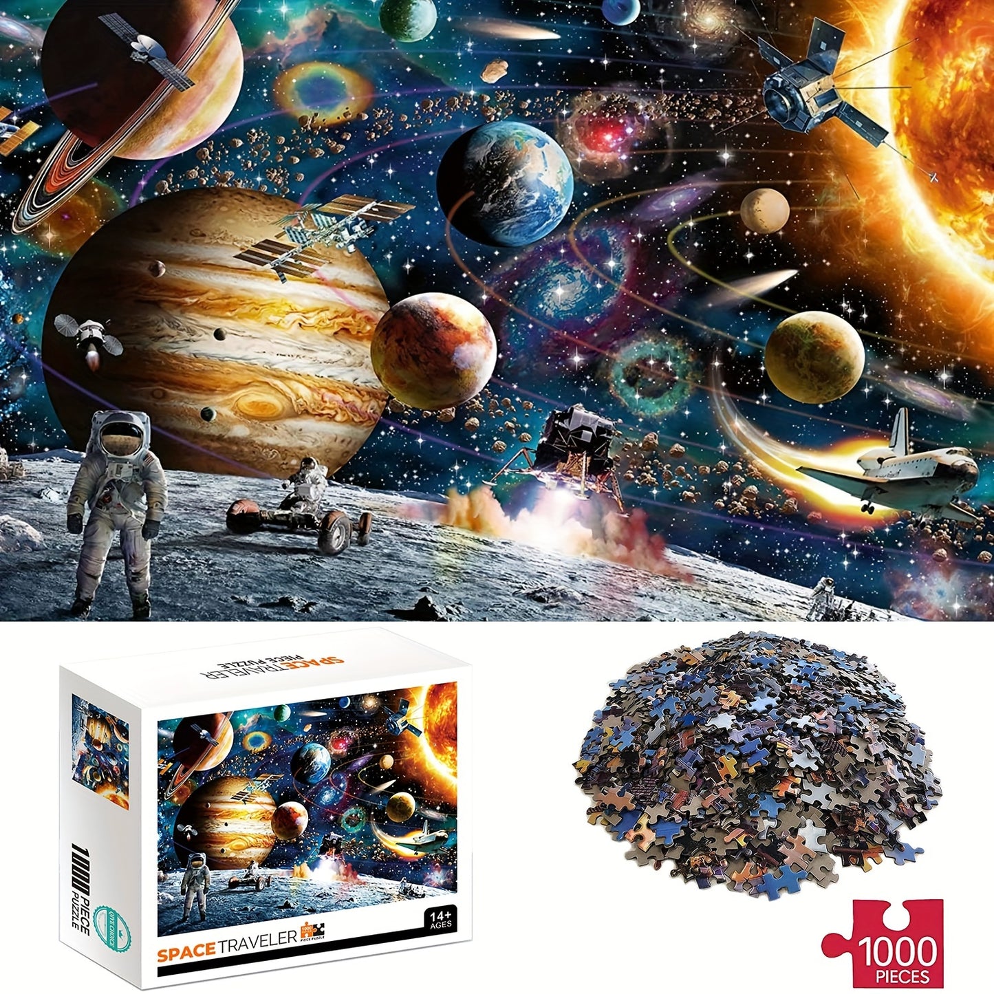 1000pcs Space Traveler Jigsaw Puzzle – Vibrant Outer Space Scene with Planets, Stars, and Astronaut – Thick & Durable Seamless Design for Adults – Perfect Gift for Birthdays, Holidays, and Special Occasions, Space Party Decorations