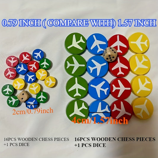 1.57inch BIG size 128g\u002Fset 16pcs four colors wooden pieces+1pc0.79inch dice\u002Fset wood checkers board accessories airplane pattern wooden flying chess pieces sport party birthday
