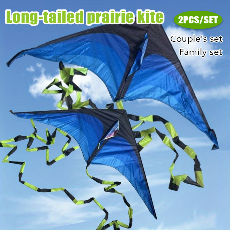 2pcs Extra Large Long Tail Prairie Kites - Vibrant Blue & Black Premium Polyester, Easy to Fly for Beginners, Family Beach & Park Outdoor Activities, Includes 328ft Line & Handle, Perfect Birthday Gift for family